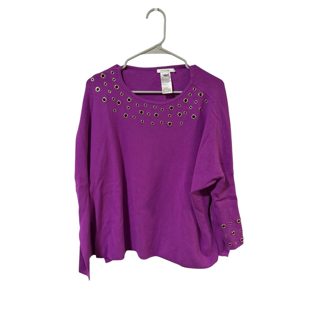 Chico's Size‎ Small/Medium Purple Grommet Neck Knit Sweater Top Gold Eyelet